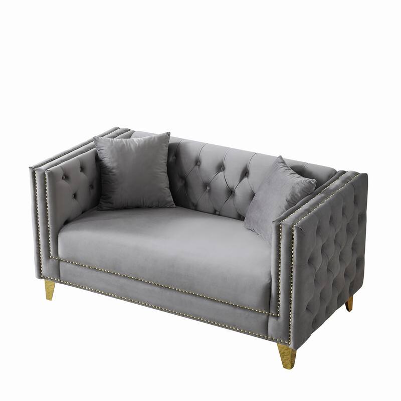 Roomfitters 58" Modern Tuxedo Loveseat with Buttoned Back and Gold Legs, Upholstered Couch with Double Nailhead Trim