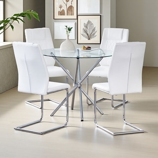 36.6" Round Clear Glass Dining Table Set with 4 PU Chairs, Metal Legs ...