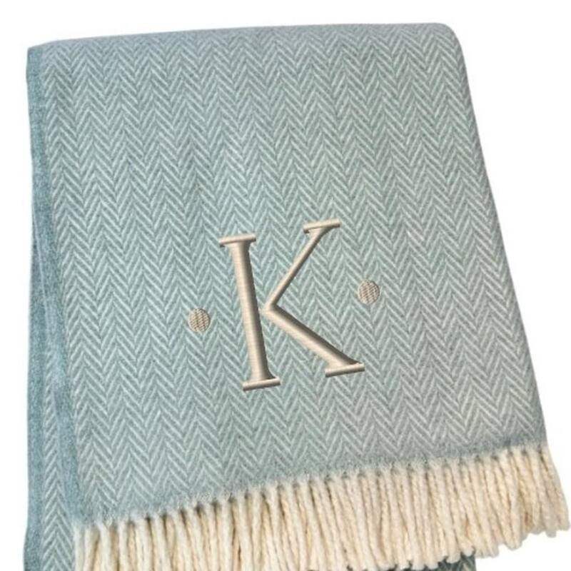 55" X 70" Sky Blue And White Herringbone Cotton Blend S Initial Throw Blanket with Tassels And Embroidery