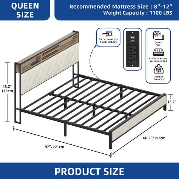 dimension image slide 0 of 2, Modern King Upholstered Storage Bed With USB Power pad