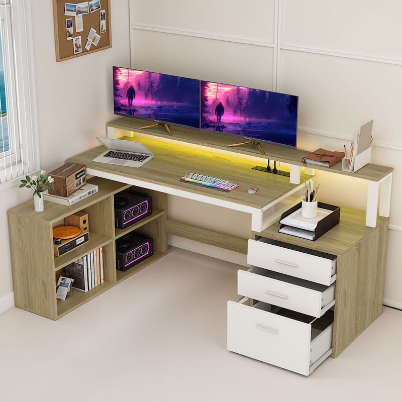 Moasis 65" Computer Desk with Filing Cabinet and Storage Shelves, LED Lighting Corner Home Office Desk - Oak/Whte