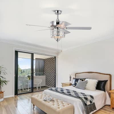 Classic Crystal Ceiling Fan Light with 5 Blades and Speed Adjustment, Reversible Motor for Bedroom and Living Room