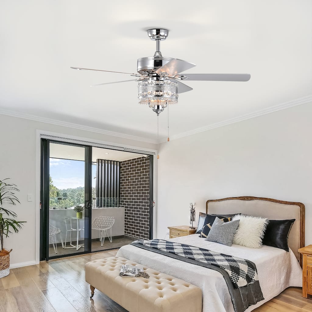 Classic Crystal Ceiling Fan Light with 5 Blades and Speed Adjustment, Reversible Motor for Bedroom and Living Room