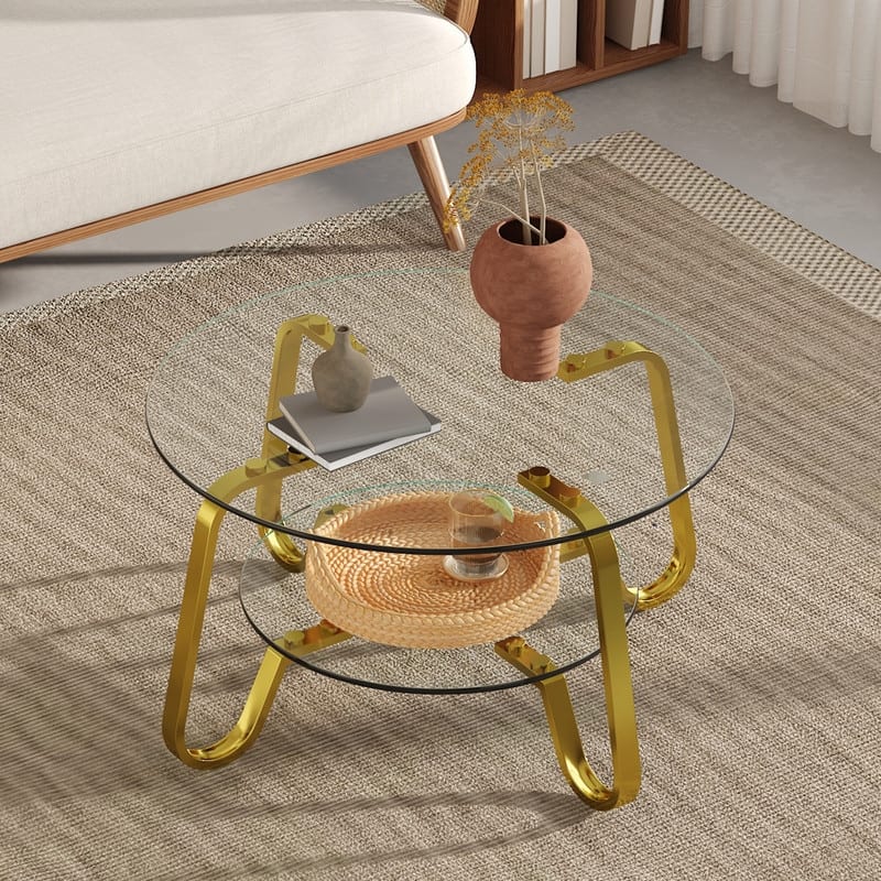 Vintage Minimalist Metal & Glass Coffee Table - 31.5" Square, Double Layer Tempered Glass - Gold