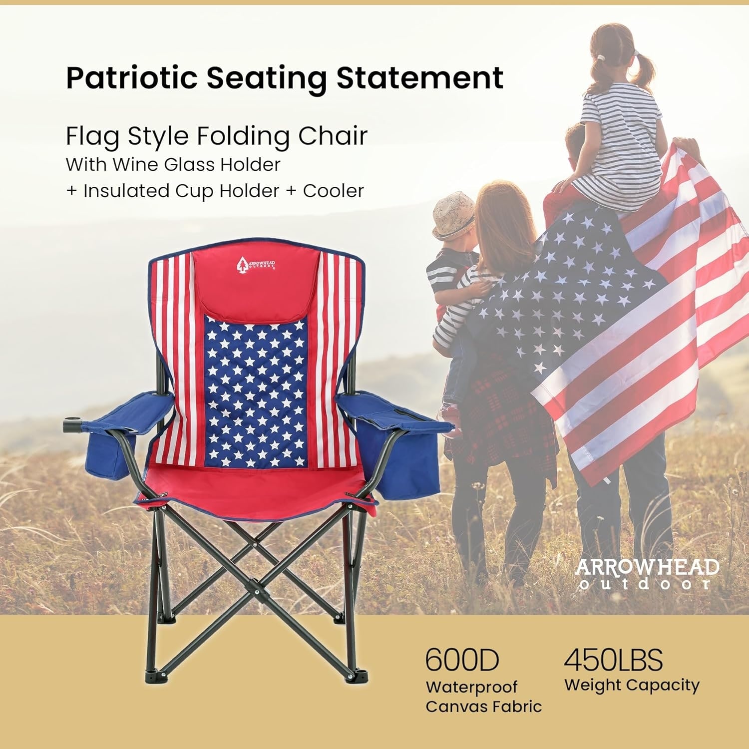 Arrowhead KKS0324U American Flag Foldable Camping Chair With 6 Can