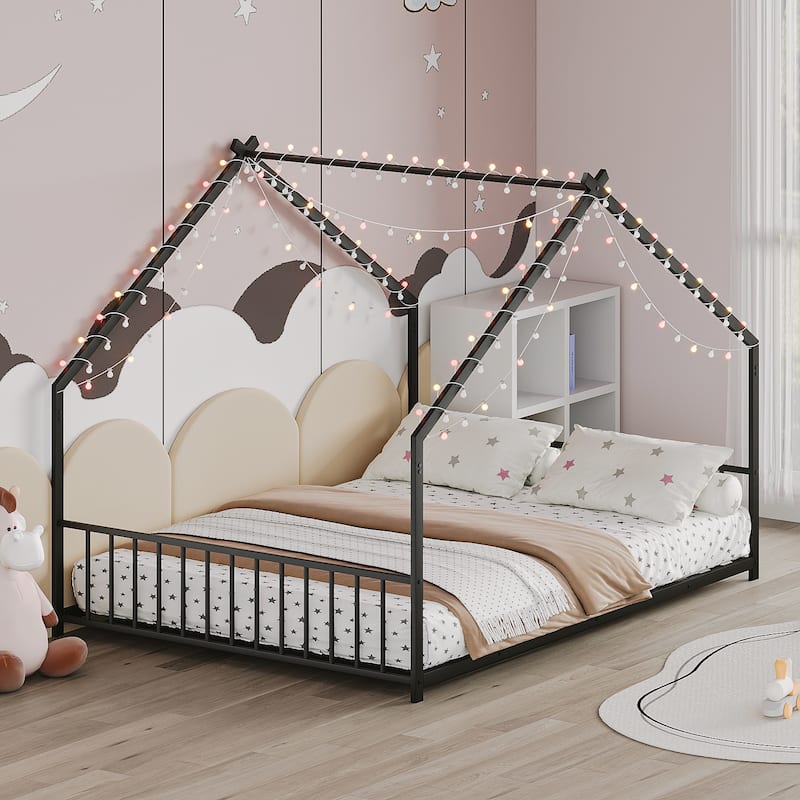 House-shaped Bed Frame, Toddler Kid Iron Floor Bed with House Roof Frame and LED Light Strips, House Daybed