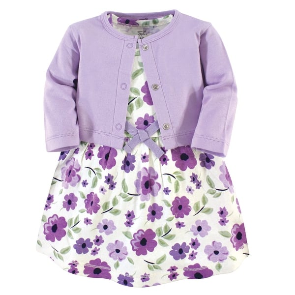 slide 1 of 1, Touched by Nature Baby and Baby Girl Organic Cotton Dress and Cardigan 2pc Set, Purple Garden 0-3 Months - Purple Garden