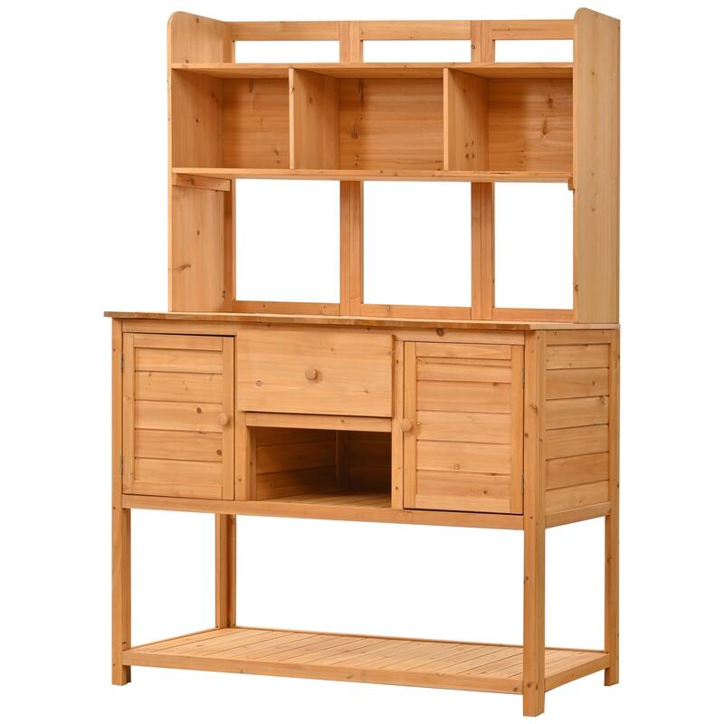 Solid Fir Wood Potting Bench Garden Workstation with Hutch, Drawer & Adjustable Shelves, Outdoor Garden Work Table