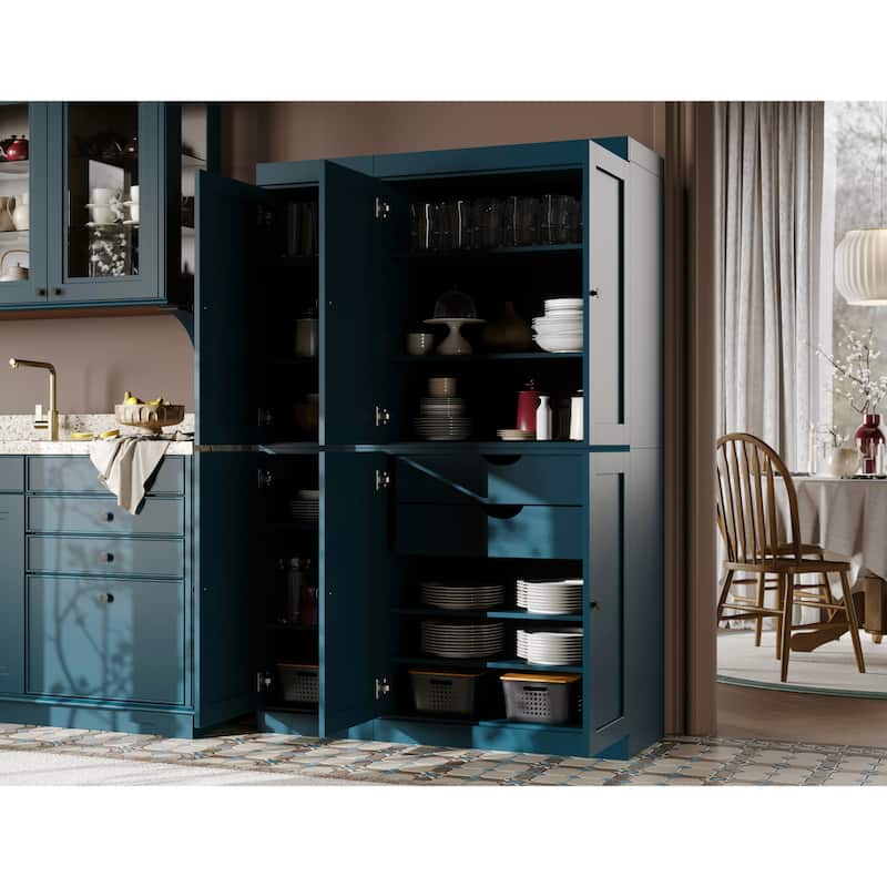 Palace Imports 100% Solid Wood 48.5" Pantry Cabinet with Shaker Doors, 2-Drawers and Adjustable Shelves - Teal Blue