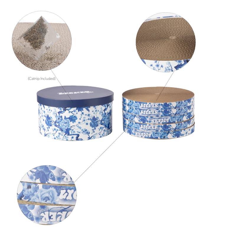Kate 12" Modern Patterned Cardboard Reversible Cat Scratcher Pad In Box with Catnip, Blue/White (5-Pack)