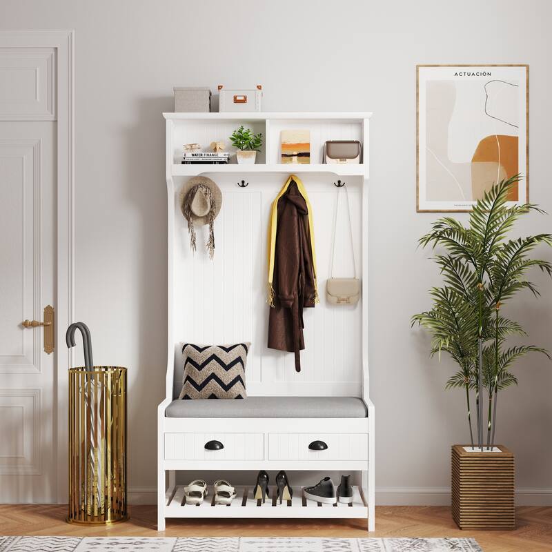 3 in 1 Hallway Hall Tree with 2 Storage Drawer and 4 Coat Rack