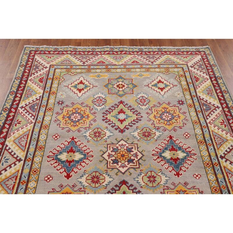 Grey Geometric Kazak Oriental Area Rug Hand-Knotted Wool Carpet - 5'1" x 6'7"