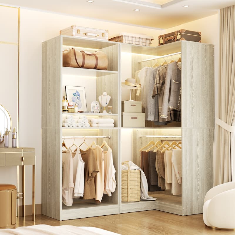 Cimly Set of 2 Corner Closet System, Freestanding Closet Organizer with Hanging Rods for Walk-in Closet - Washed Oak