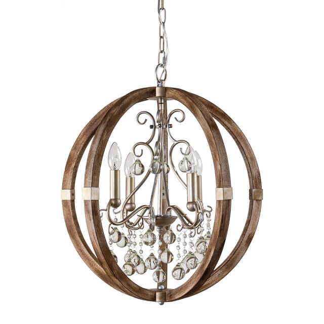 Farmhouse 4-Light Wood and Crystal Orb Chandelier - 21.7-in W x 24.7-in H