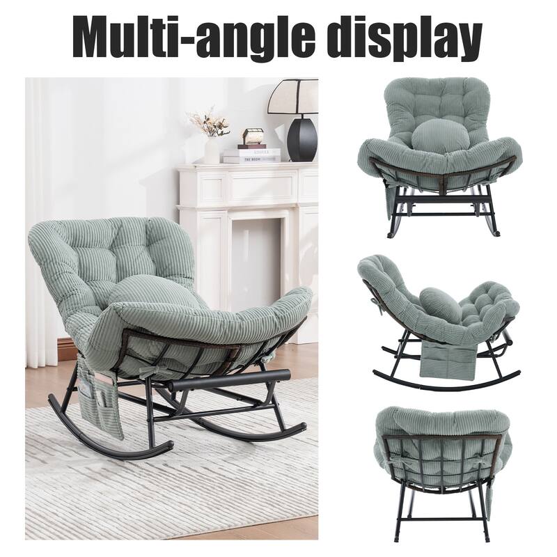 HOMEFUN Corduroy Upholstered Egg Shaped Design Steel Frame Rocking Chair with Side Pocket and Foot Pedal