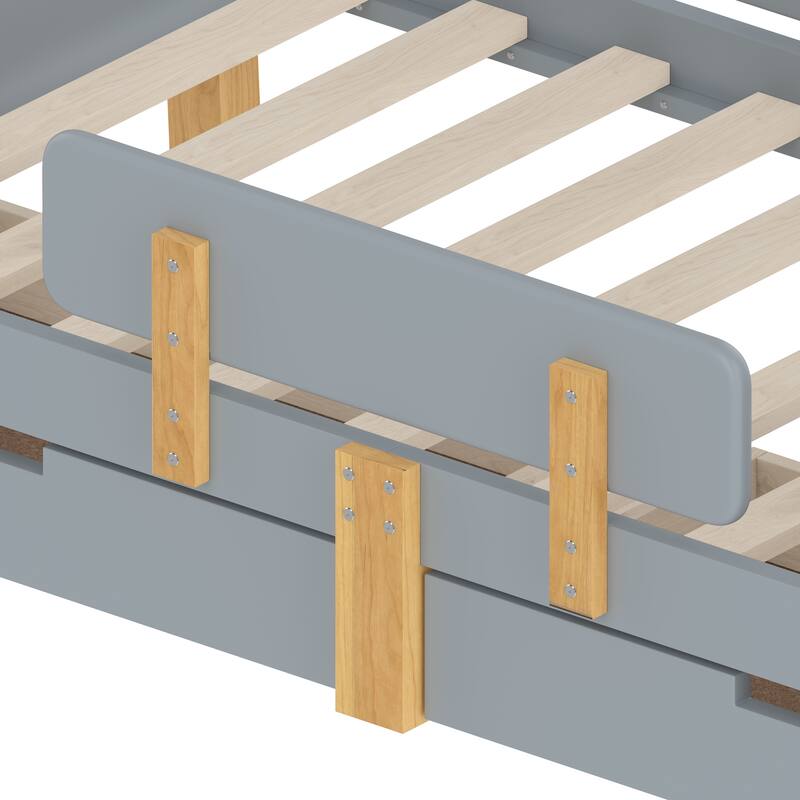 Roomfitters Platform Bed with Storage Drawers and Shelf, Solid Wood Frame with Hooks and Guardrails