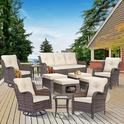 11 Piece Outdoor Brown Wicker Patio Conversation Sets with Swivel Chair