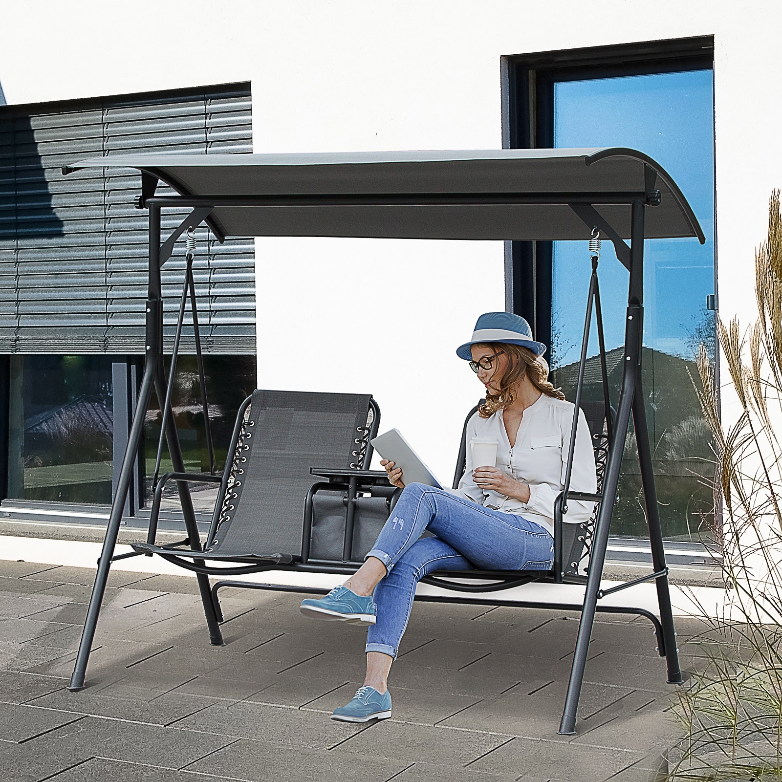 Outsunny 2 Person Covered Porch Swing with Pivot Storage Table Cup Holder Adjustable Overhead Canopy Grey 65.25 x43.25 x63.75