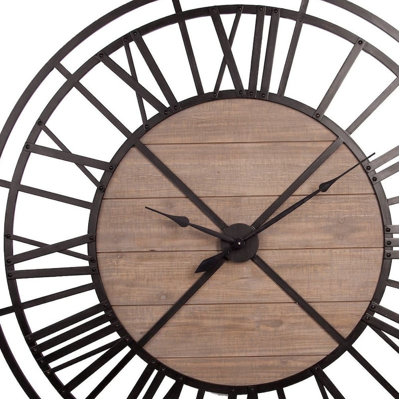 HomeRoots 59" Black And Brown Metal and Solid Wood Skeleton Circle Wall Clock - 3