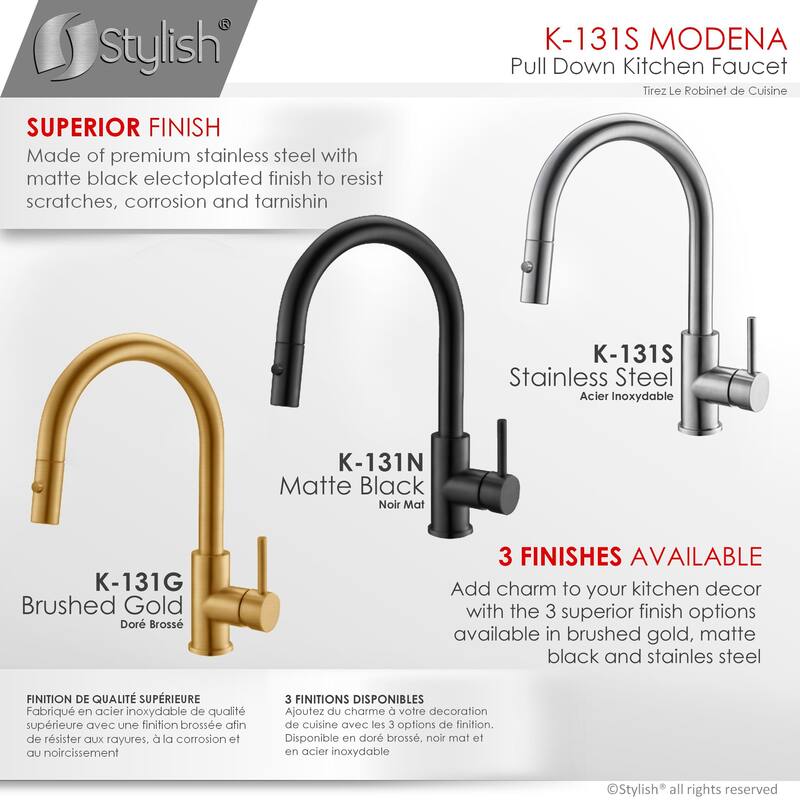 STYLISH Kitchen Sink Faucet Single Handle Pull Down Dual Mode in Stainless Steel - Faucet Height: 14 1/8" | Spout Height: 6 3/4"