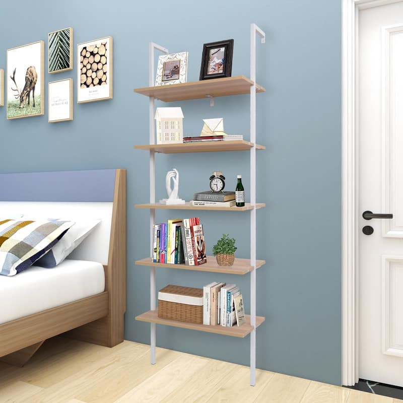 5-Tier Industrial Wood Ladder Bookcase with Metal Frame