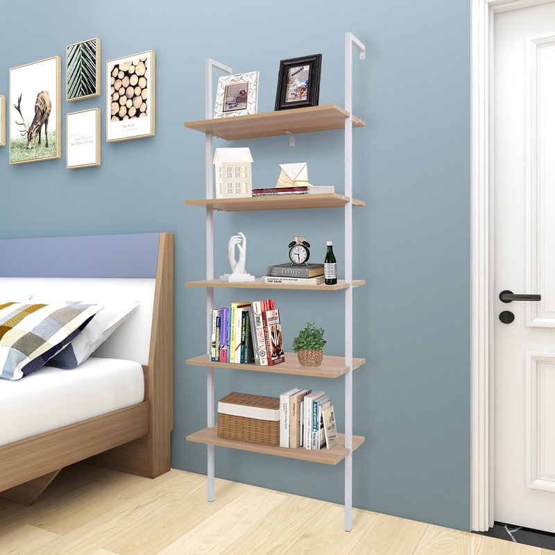 5-Tier Industrial Wood Ladder Bookcase with Metal Frame
