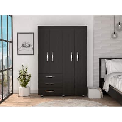 Hamilton Mobile Armoire with 2 Double Door Cabinets, 3 Drawers, 2 Rods, and Inner Shelves, Black