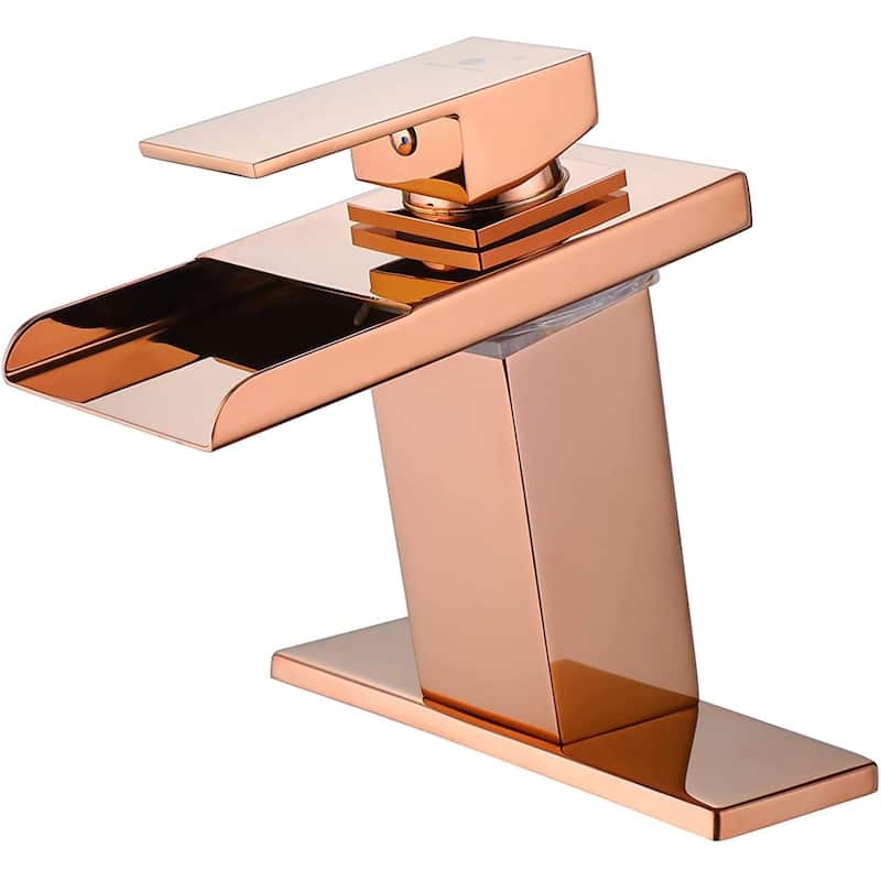 Rose Gold Waterfall 3 Color LED Single Handle Bathroom Sink Faucet, Pop Up Brass Overflow Drain