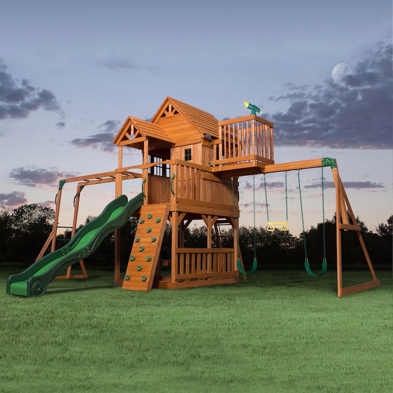 Backyard Discovery Skyfort II Cedar Wood Swing Set, Slide, Clubhouse