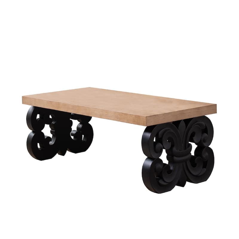 Ornate Wood Coffee Table-47" Rectangular Farmhouse Style Table with Carved Base and Natural Wood Top-Living Room Accent Table