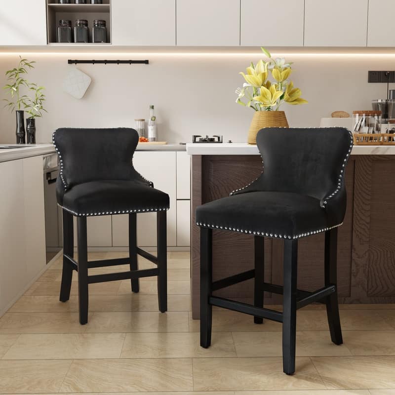 Button Tufted Velvet Wingback Barstools Set of 2