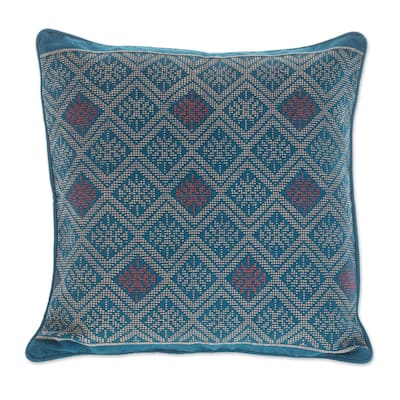 Novica Handmade Azure Geometry Cotton Cushion Cover