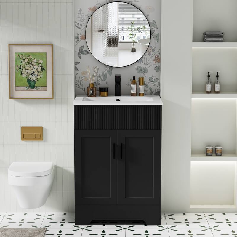 Modern 24/30/36/48" Wave-Line Bathroom Vanity Set with Sink & Faucet - 24"-Black - 24"