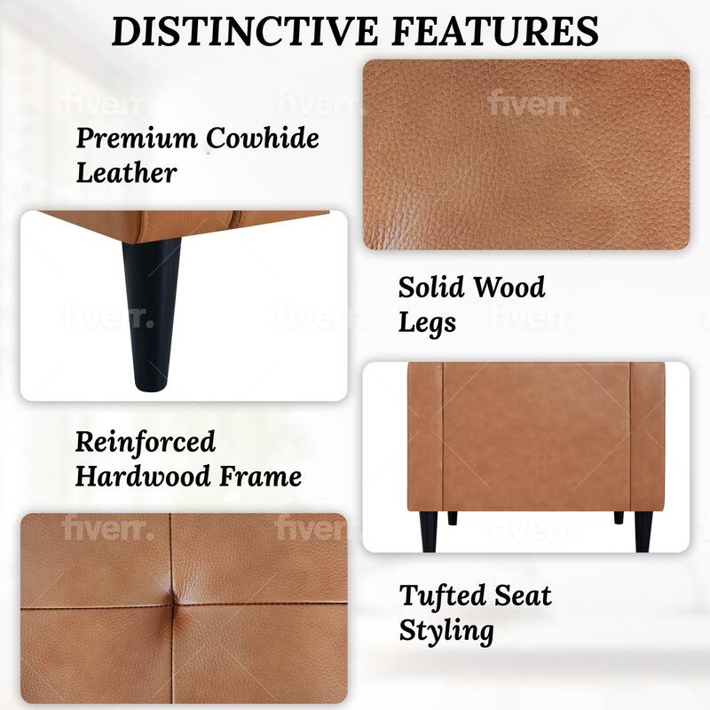 Premium Cowhide Leather Accent Chair – High-Density Cushions, Spacious Seating, and Mid-Century Modern Design