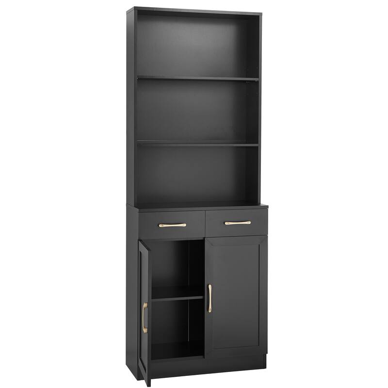 Storage Cabinet for Bathroom, 2 Doors Wooden Cabinet with 2 Drawers Three-layer Open Shelf, Bathroom Floor Cabinets