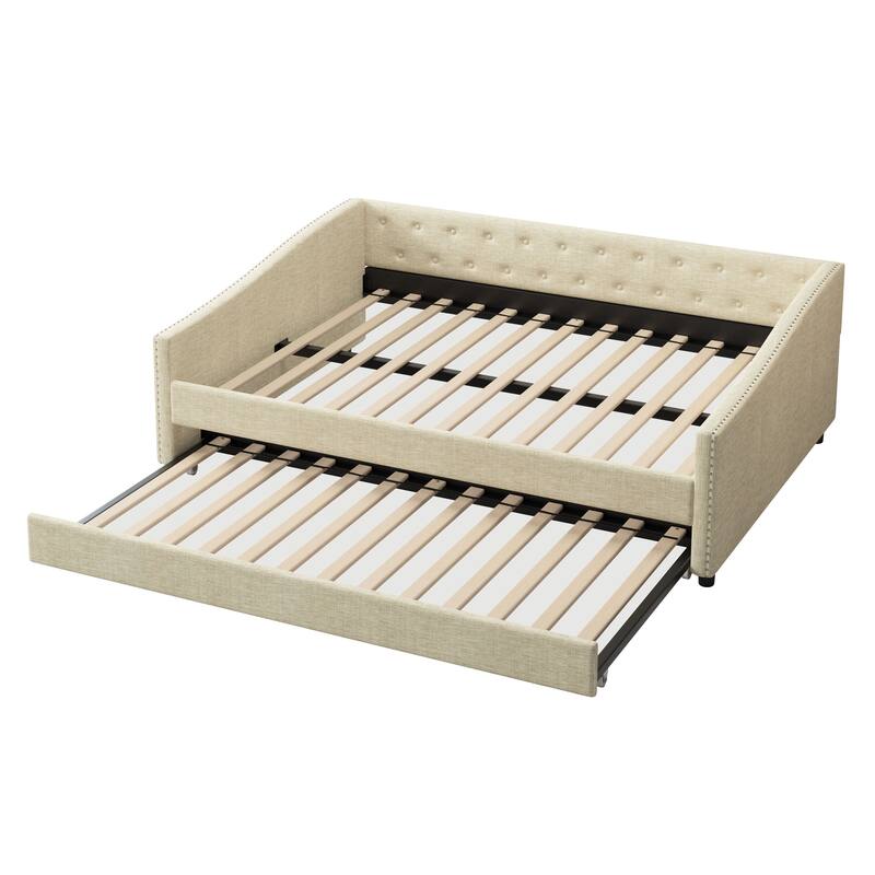 Wooden Frame Upholstered Tufted Daybed with Twin Size Trundle Bed - Classic Design with Copper Nail Details.
