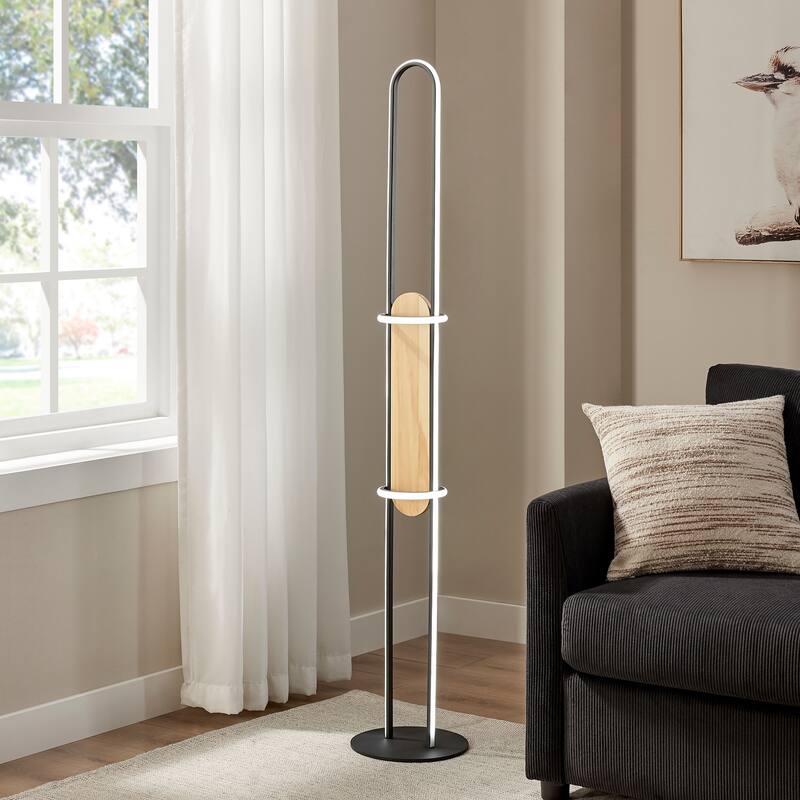 Iron & Wood Floor Lamp - N/A - Wood and Black