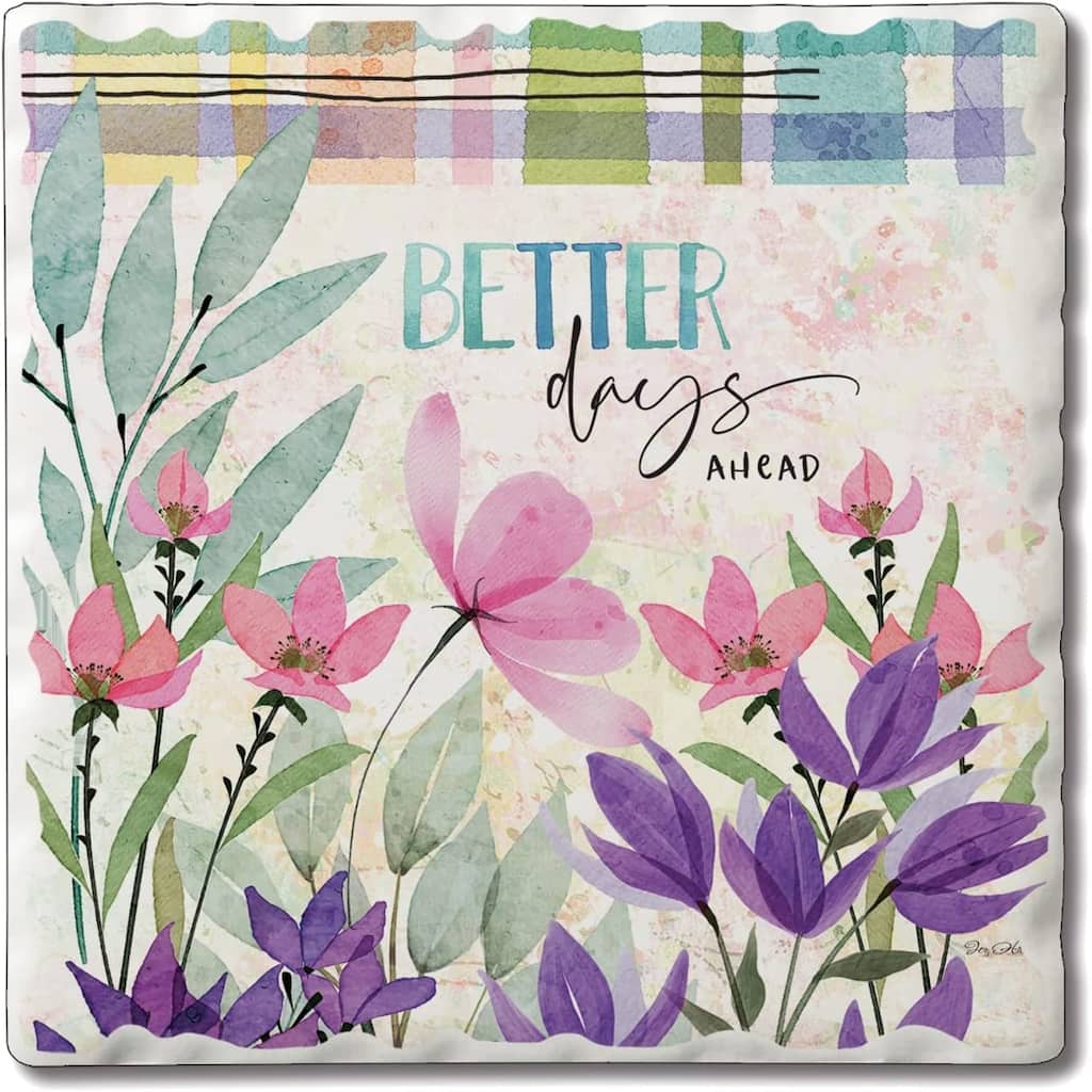 CounterArt Better Days Absorbent Stone Tumbled Tile Coaster Set of 4 Made in The USA Protective Cork Backing