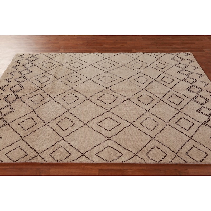Hand Knotted Oriental 100% Wool Carpet Modern Geometric Beige & Ivories Moroccan Area Rug - 8' 0'' X 5' 0''