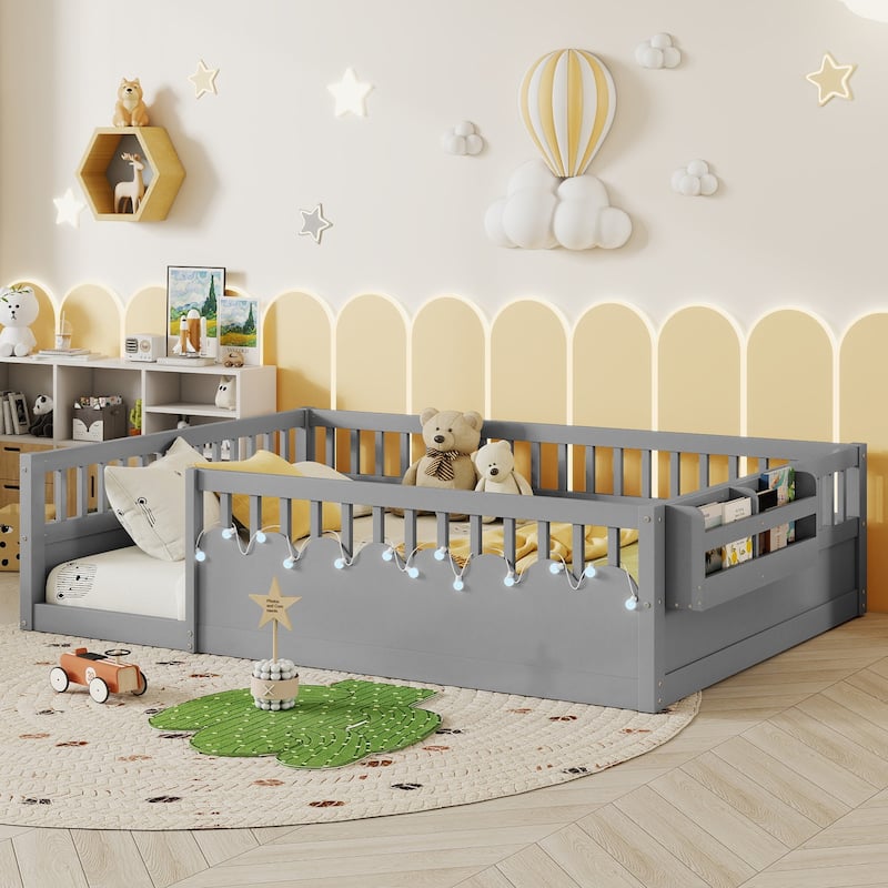 GDF Studio - Ellington Full Size Montessori Floor Bed with High Rails, LED Light, and Storage Shelf - Grey