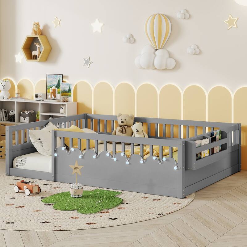 Montessori Floor Bed Frame with High Rails, Wood Toddler Floor Bedframe with Light and Headboard Storage Shelf for Kids Room - Grey - Full