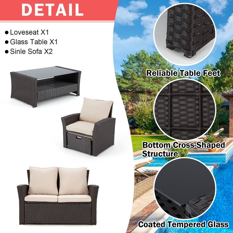6-Piece Outdoor Sectional Sofa Set, PE Wicker Patio Furniture with Storage Coffee Table & Ottoman, Cushions, for Garden