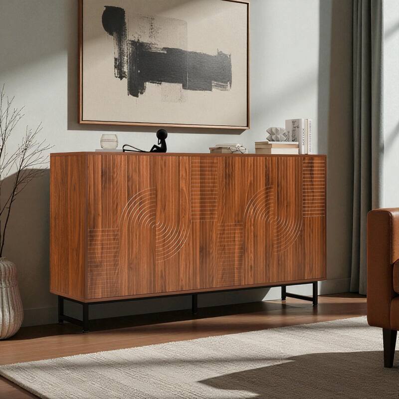 59" Mid-Century Modern Walnut Sideboard Buffet Cabinet, Geometric Carved Credenza with Metal Legs for Dining Room
