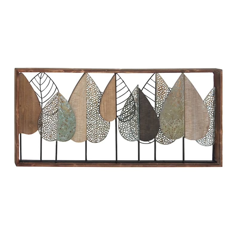 Wood Leaf Cutout Wall Decor with Green and Black Metal Wire Accents - Brown - Roche River Decor
