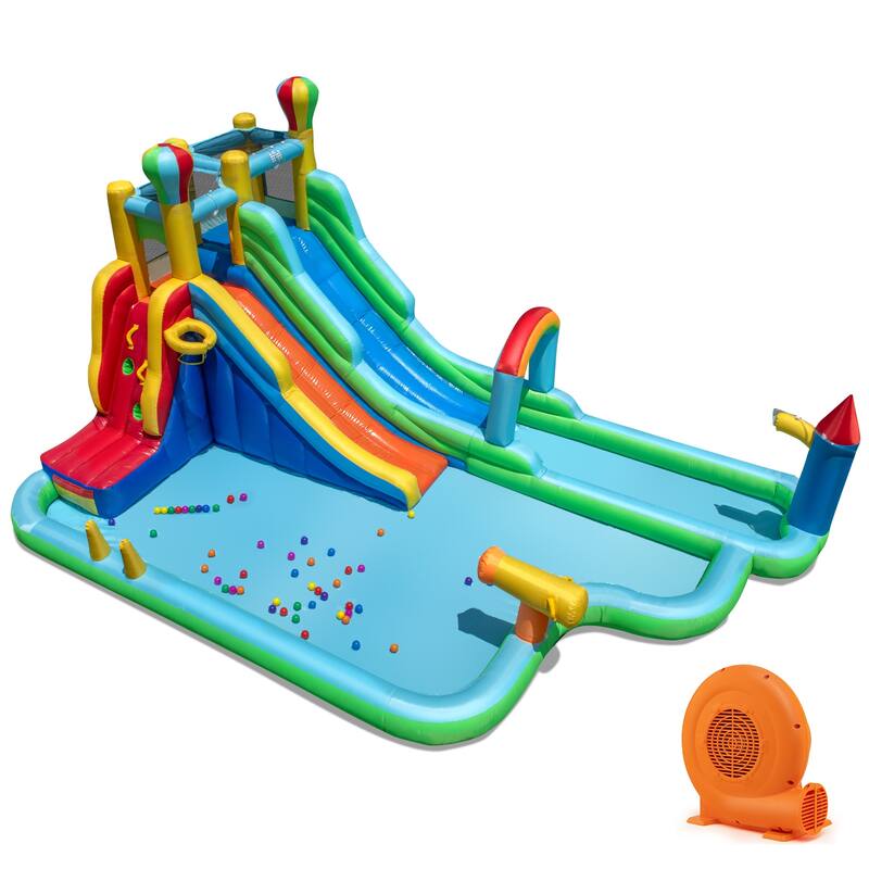 Large Inflatable Water Slide Park with Dual Slides Climbing Wall and Splash Pools and Blower for Kids - 225" x 145.5" x 105"