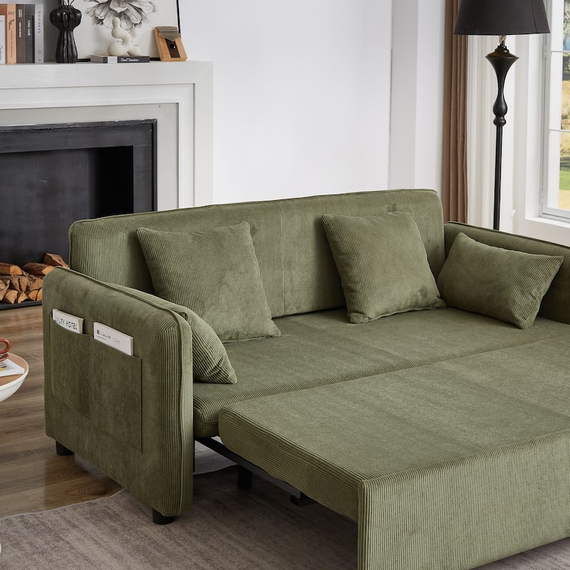 3-in-1 Pull Out Sleeper Sofa Bed, Convertible Corduroy Loveseat Couch with Casters, 4 Pillows and Side Pockets for Living Room