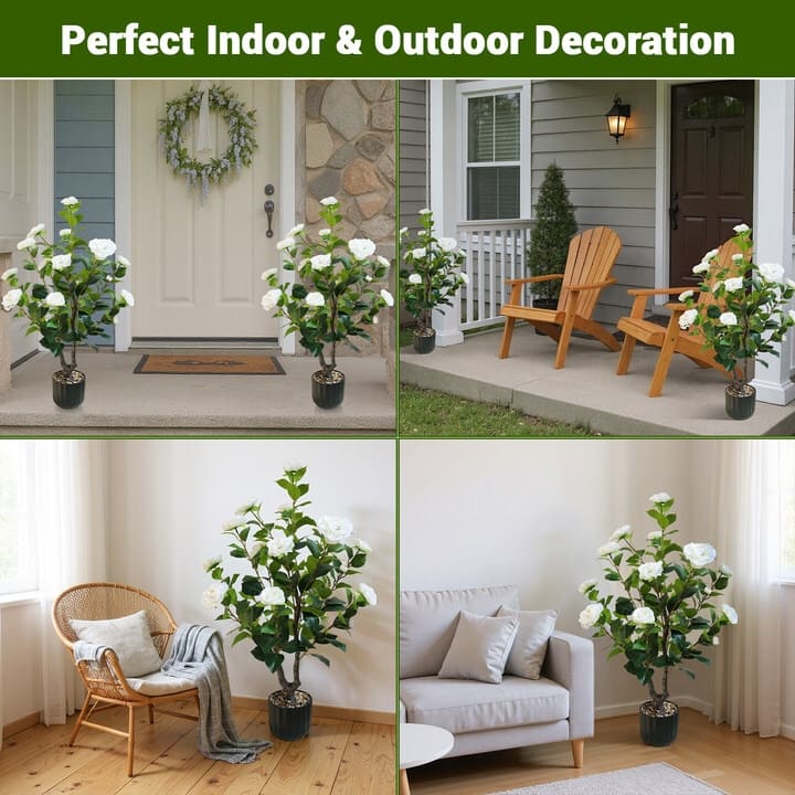 2 Pack 38 Inch Artificial Flower Plant Camellia Tree for Home Porch Decor - 38 inch
