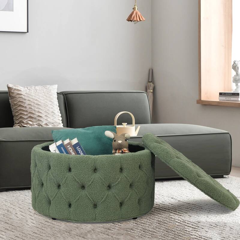 Adeco Round Storage Ottoman Button Tufted Footrest Stool Bench