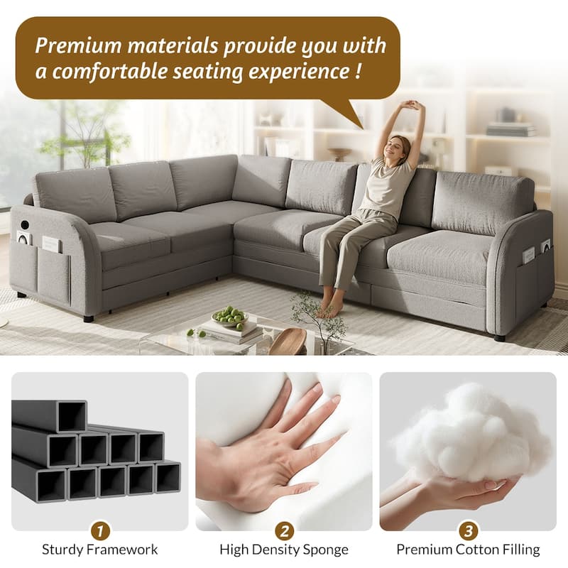 Homy Casa 85"/115" L-Shaped Sectional Sofa Bed USB & Side Pocket, Teddy Fabric Pull-Out Sleeper, Reversible Chaise, Multi Colors