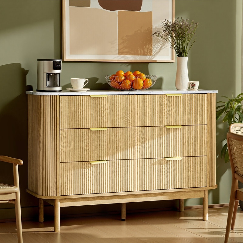 47" Wooden Buffet Cabinet Curved Profile Design With Faux Marble Top & Fluted Chest Of Drawers